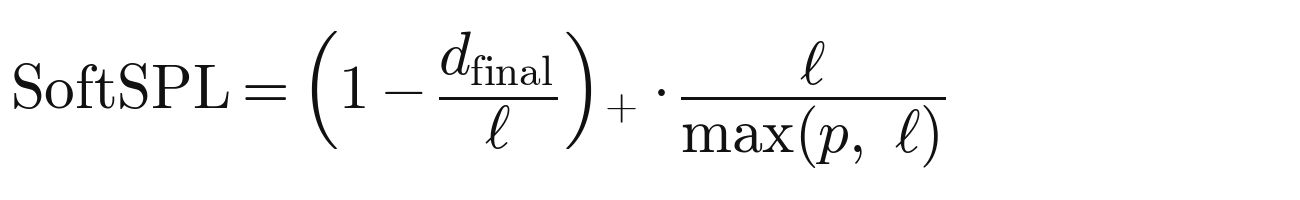 SoftSPL = max(0, 1 − d_final / ℓ) times ℓ over max(p, ℓ)